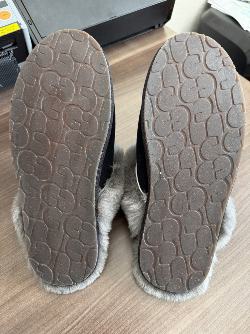 NEW UGG Women's Black Suede Slippers with Gray Fur Collar - Picture 4 of 5
